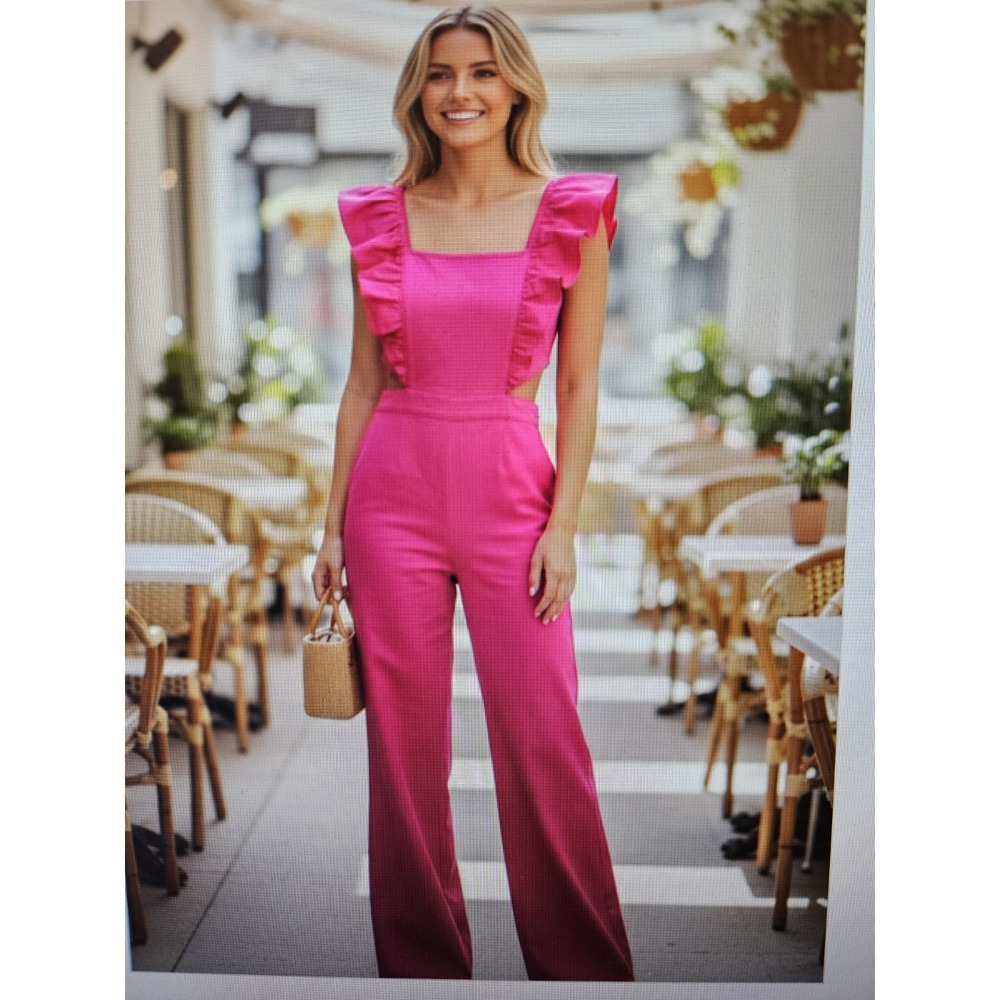NWT Flying Tomato Fuschia Open Back 2 Zips Cutout Flared Leg Jumpsuit, Sz. LG